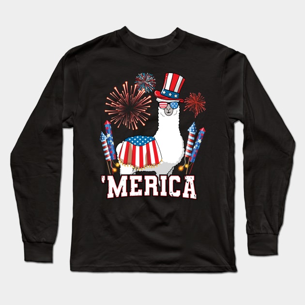 Patriotic Llama Merica 4th of July Long Sleeve T-Shirt by Pennelli Studio